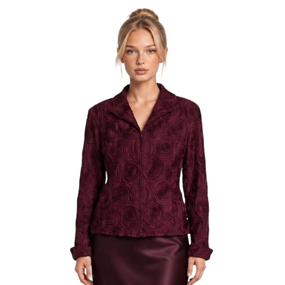 Samuel Dong Rosette Evening Jacket Women's Size XL Burgundy 3D Floral Zip